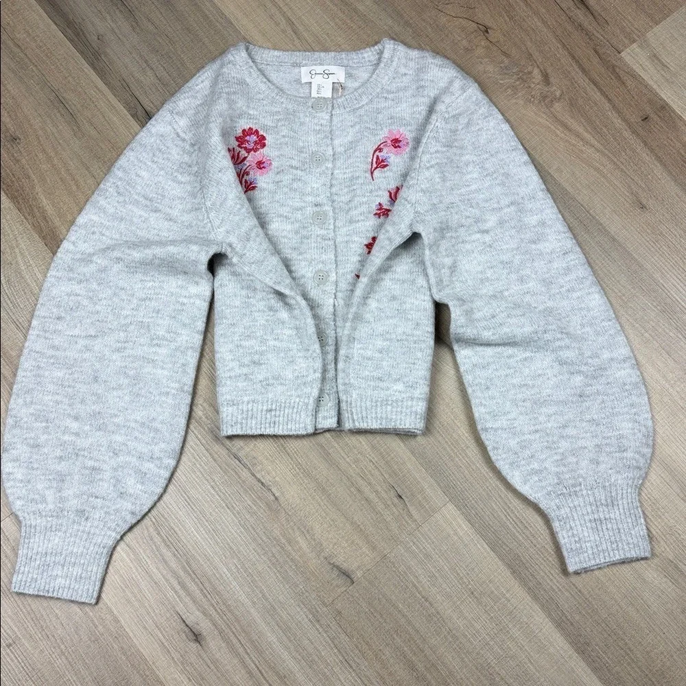 Jessica Simpson Floral Embroidered Cardigan Sweater Gray Pink NWT‎ Women's L